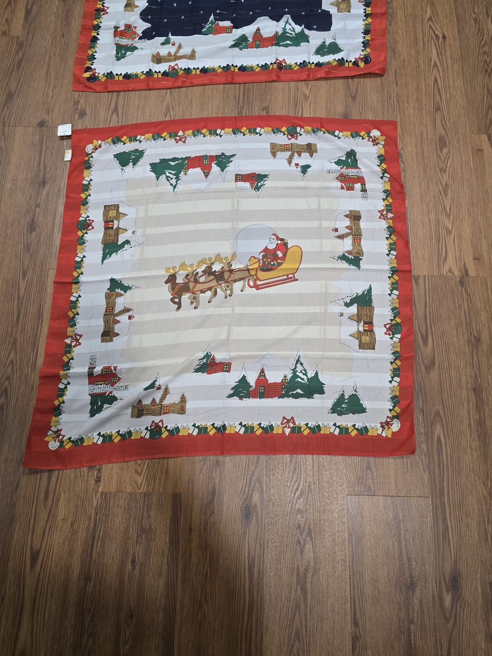 Vintage Made in Italy Christmas Scarf Santa Reindeer Village Silky Square X 2